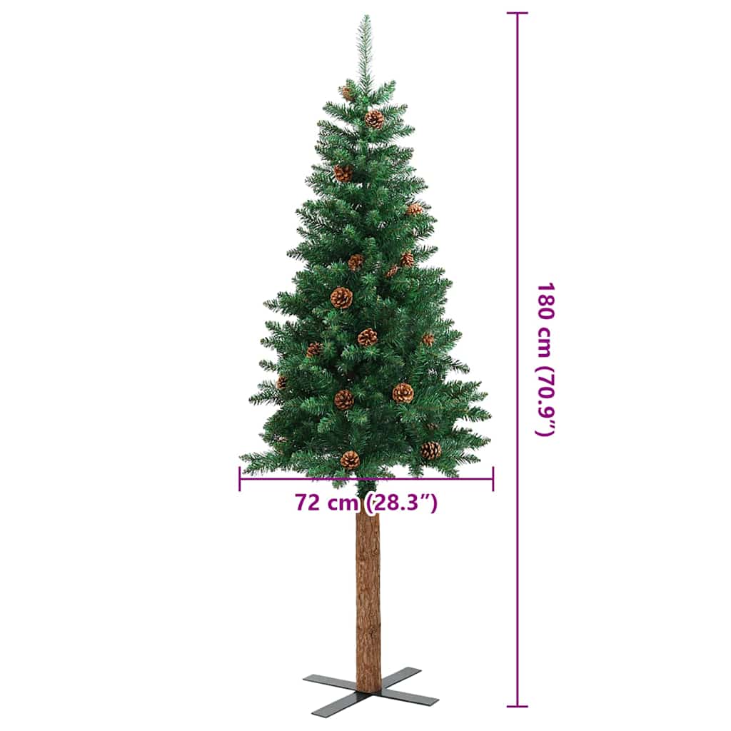 Smal plastgran med äkta trä och kottar grön 180 cm PVC