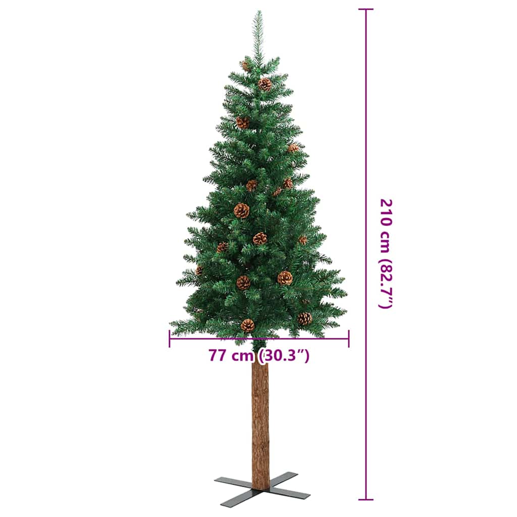 Smal plastgran med äkta trä och kottar grön 210 cm PVC