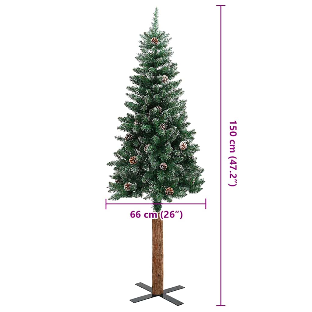 Smal plastgran med äkta trä och kottar vit snö grön 150 cm