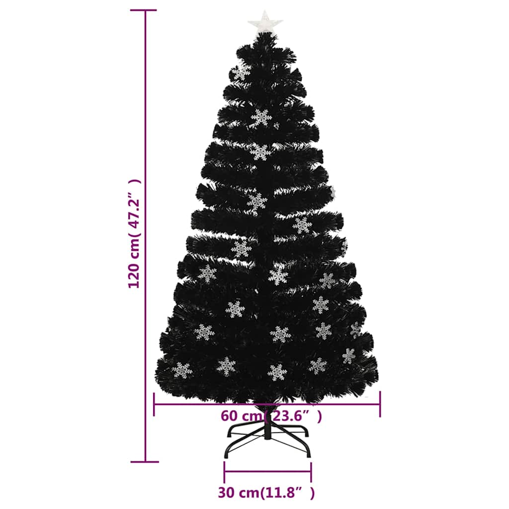 Julgran med LED-snöflingor svart 120 cm fiberoptik