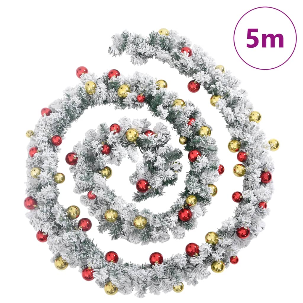 Julgirlang grön med snö, julgranskulor och LED-lampor 5 m