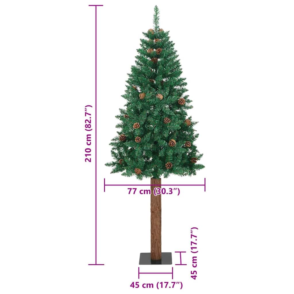 Smal julgran med 300 LED-lampor Grön 210 cm PVC och solid furu