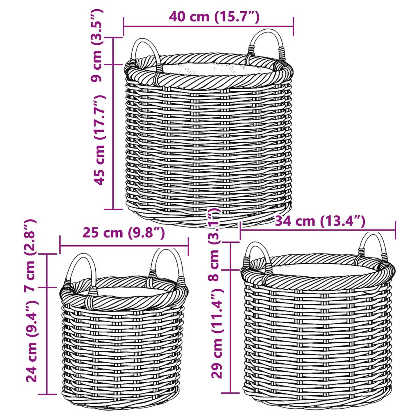 Planteringskorg med lagring 3 pcs Brun Kubu Rattan