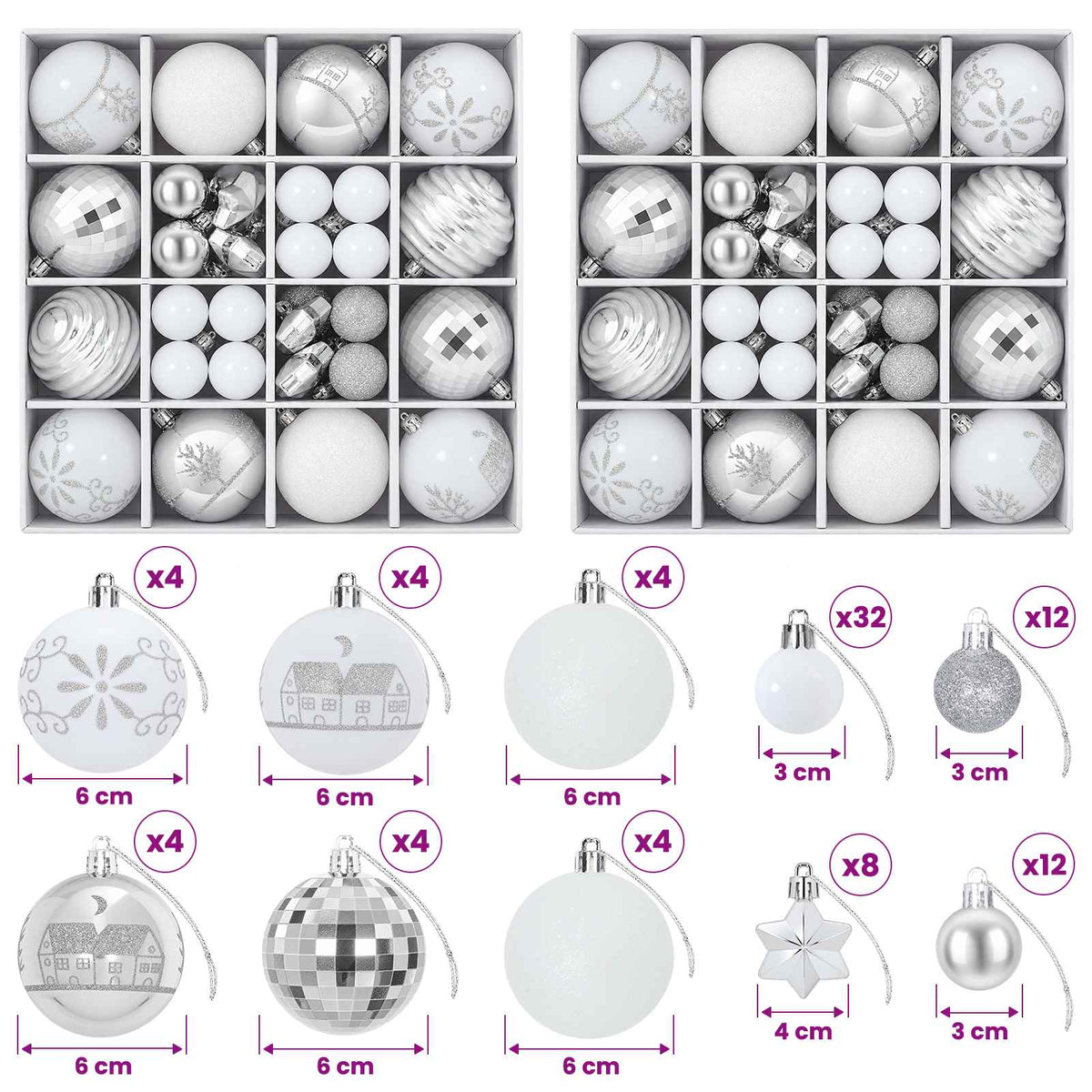 Julbollset 88 st silver och vit Ø 6 cm Plast
