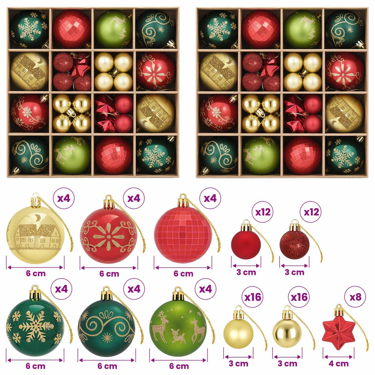Julbollset 88 st Röd, guld och grön Ø 6 cm Plast