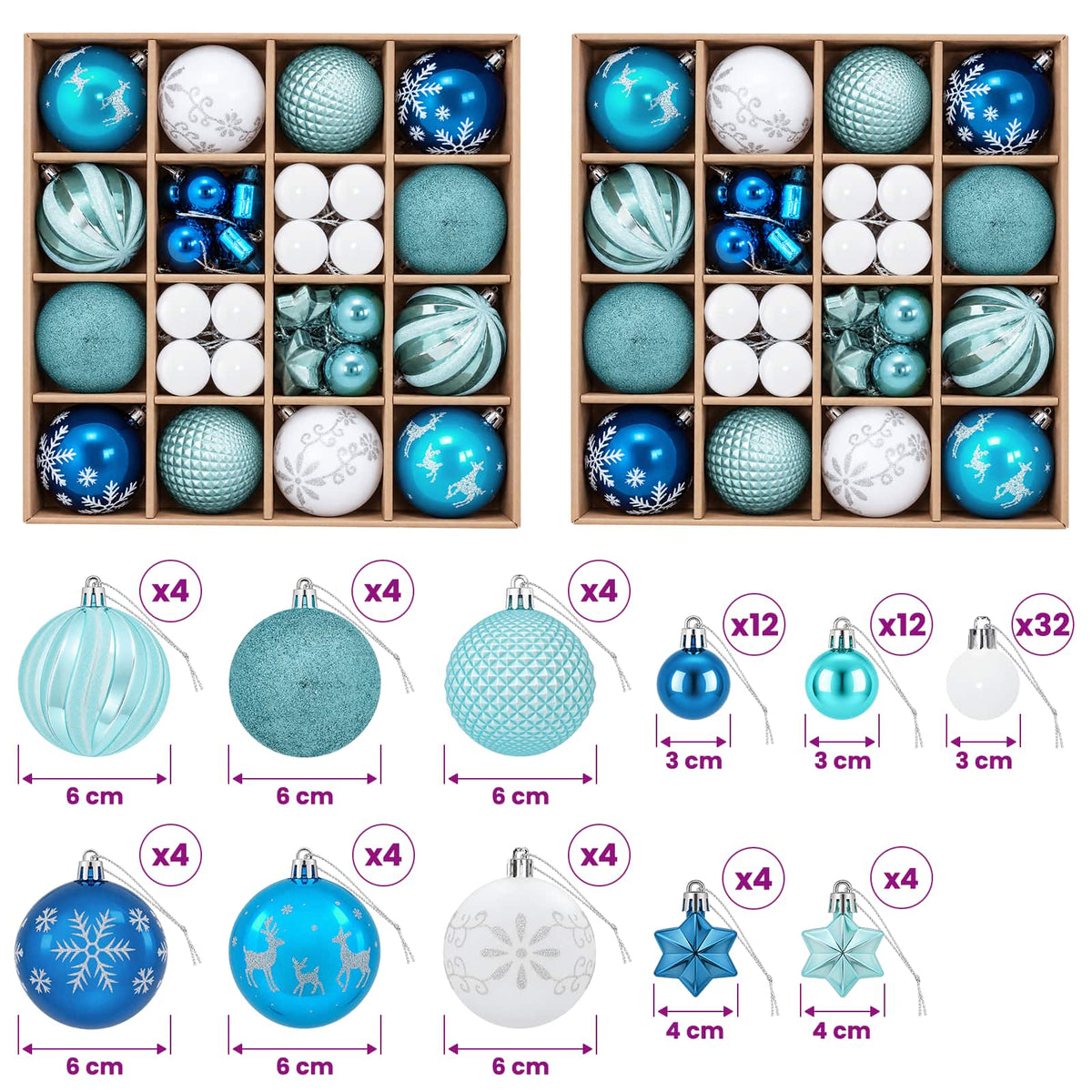 Julbollset 88 st Turkos, mörkblå och vit Ø 6 cm Plast