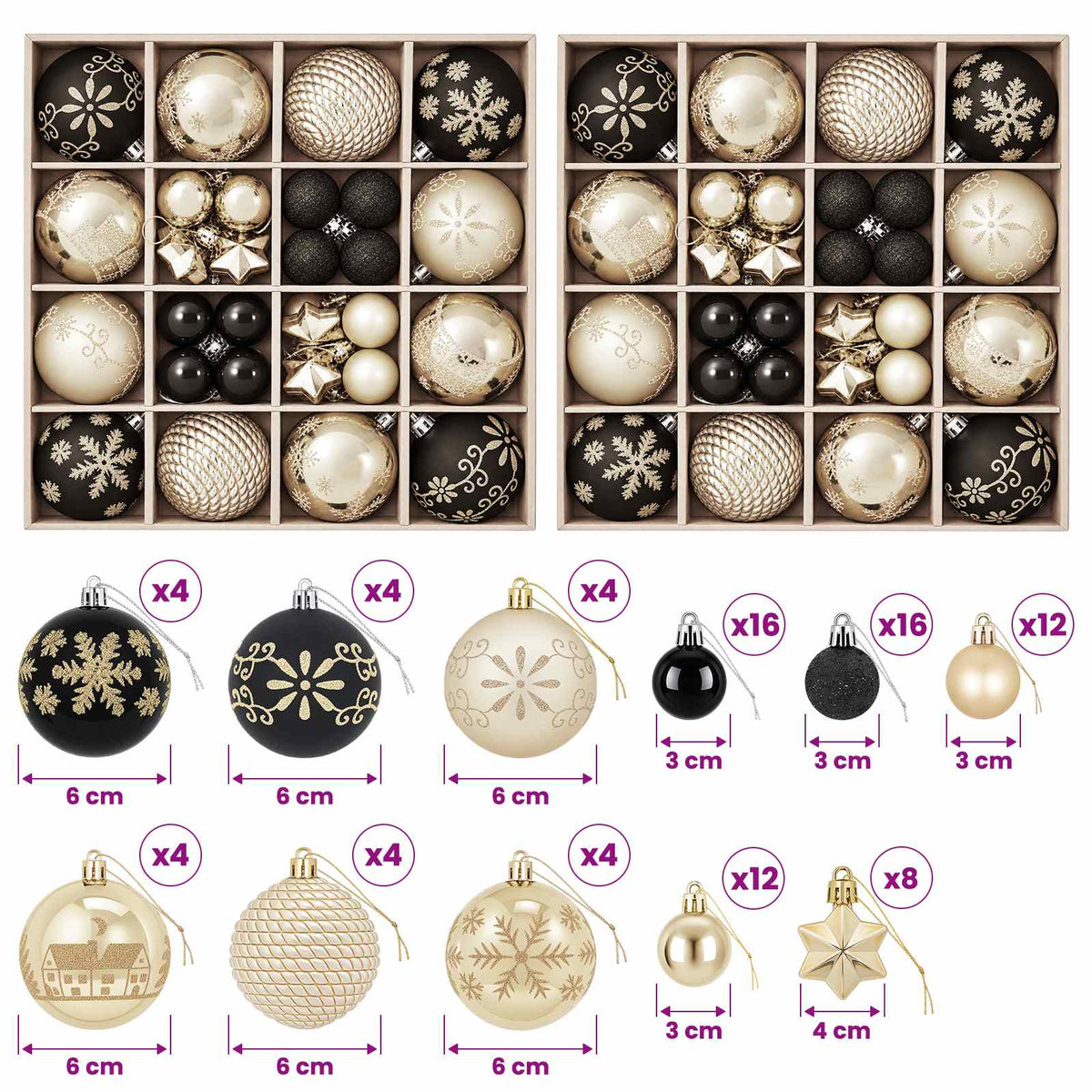 Julbollset 88 st Svart och Guld Ø 6 cm Plast
