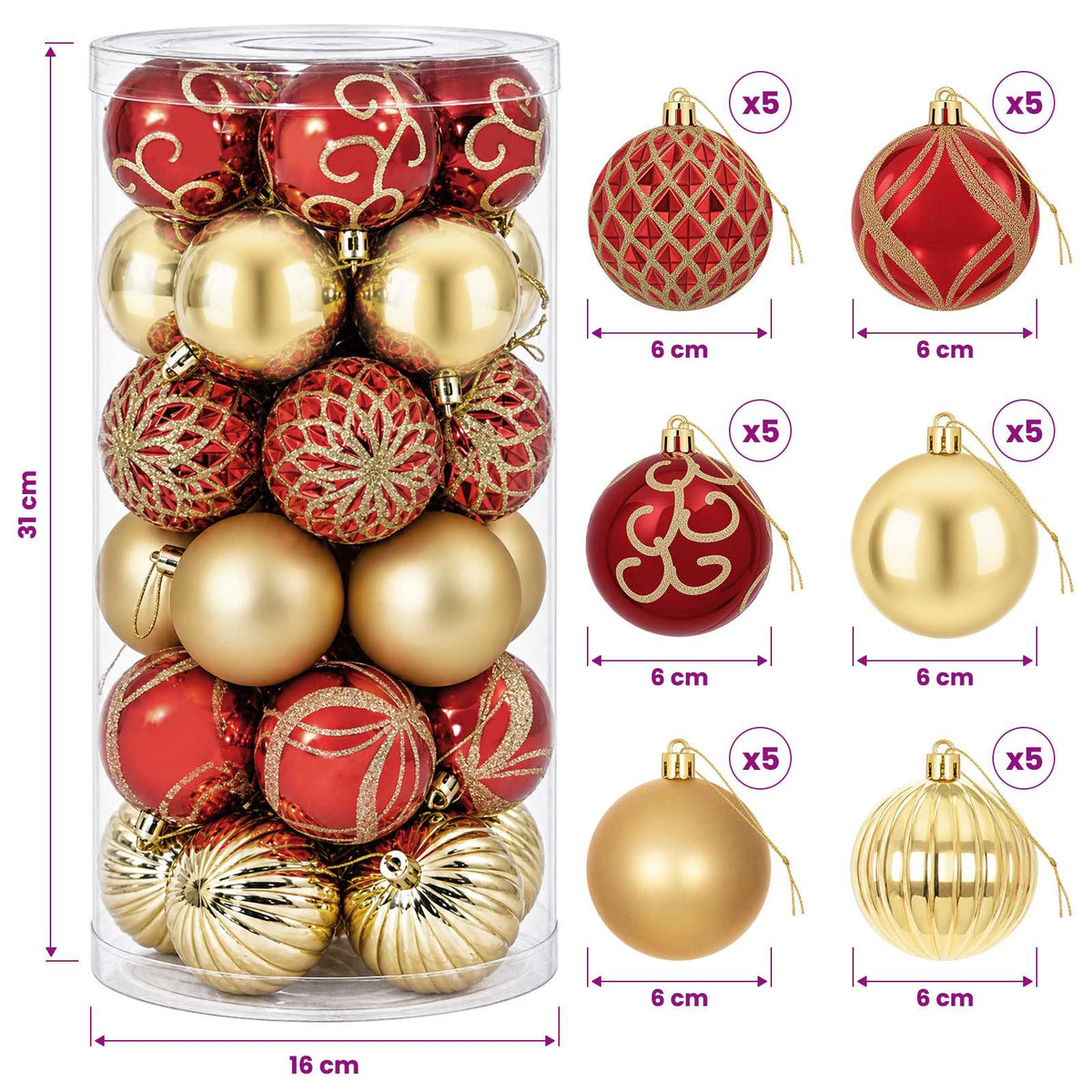 Julbollset 30 st Guld och röd Ø 6 cm Plast