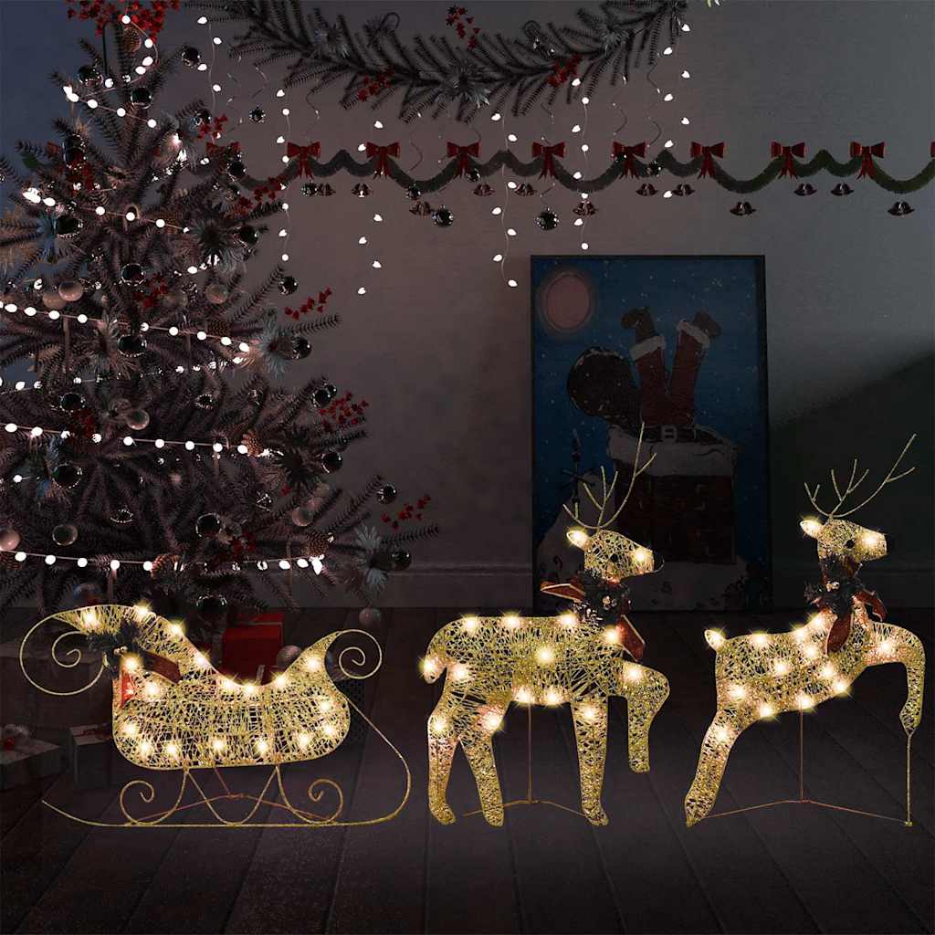 Renar & släde juldekoration 60 LED utomhus guld