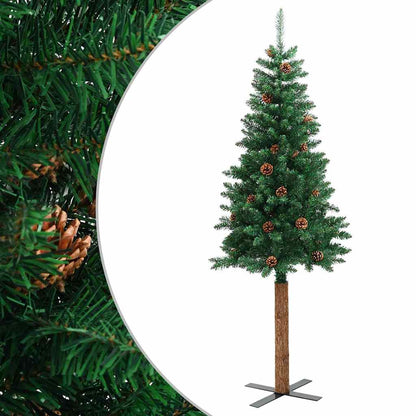 Smal plastgran med äkta trä och kottar grön 150 cm PVC