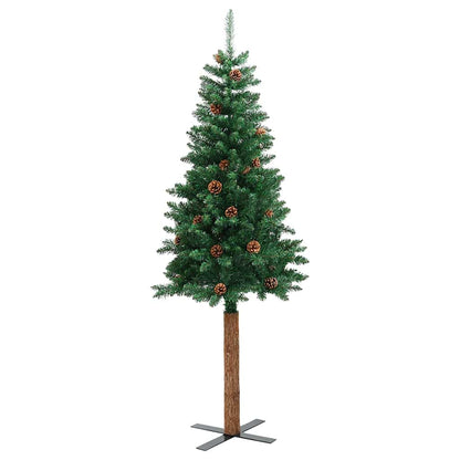 Smal plastgran med äkta trä och kottar grön 150 cm PVC