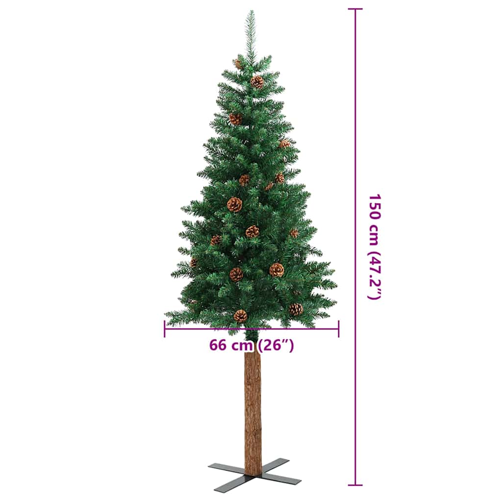 Smal plastgran med äkta trä och kottar grön 150 cm PVC