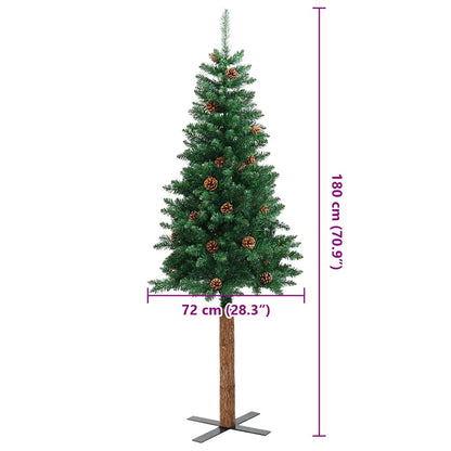 Smal plastgran med äkta trä och kottar grön 180 cm PVC