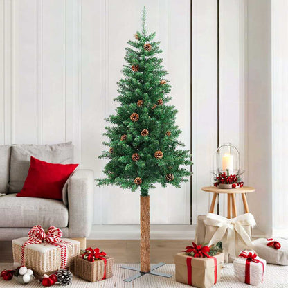 Smal plastgran med äkta trä och kottar grön 180 cm PVC