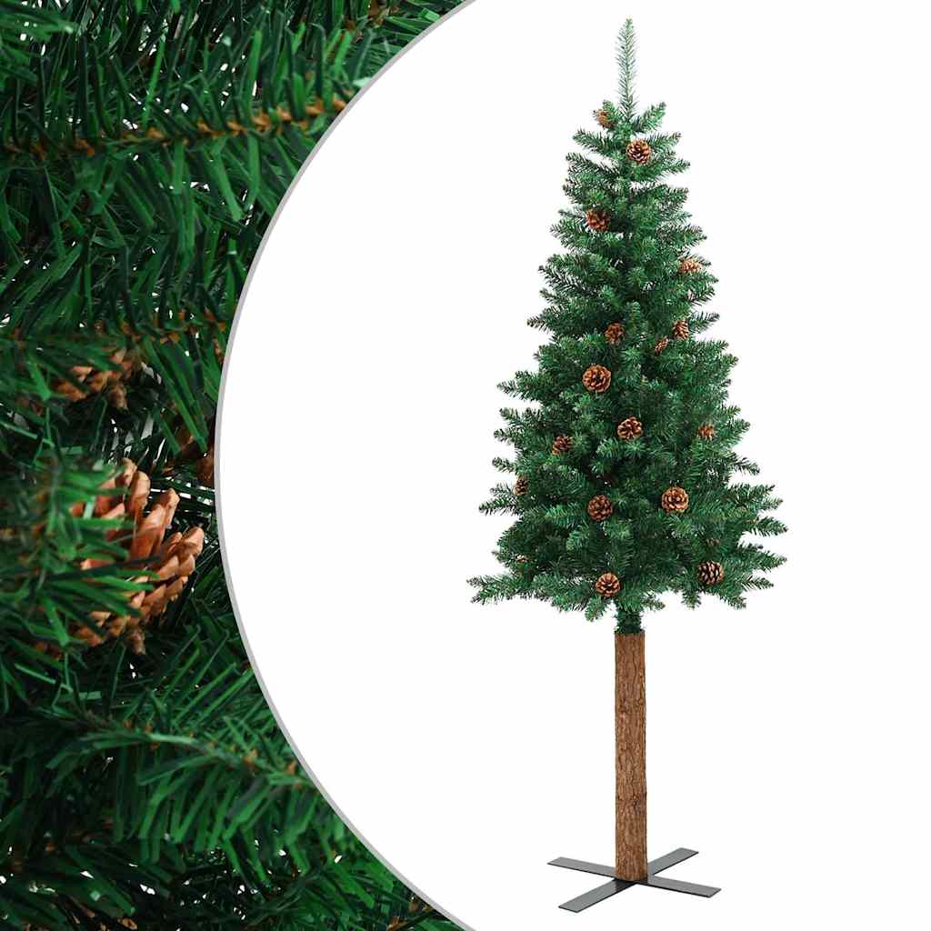 Smal plastgran med äkta trä och kottar grön 210 cm PVC