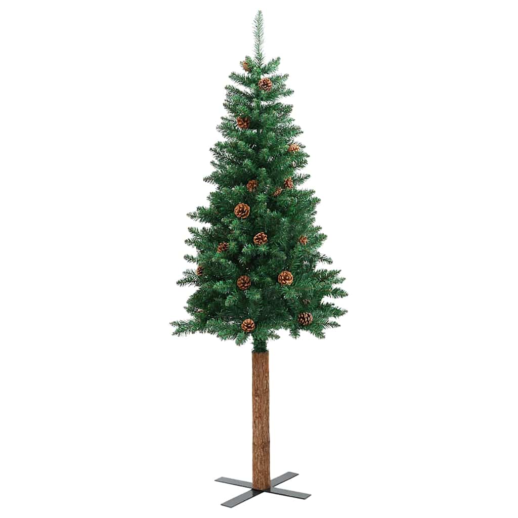 Smal plastgran med äkta trä och kottar grön 210 cm PVC