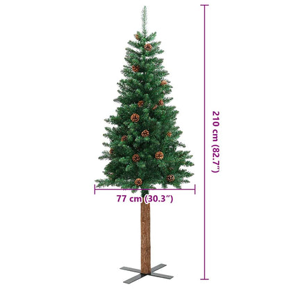 Smal plastgran med äkta trä och kottar grön 210 cm PVC