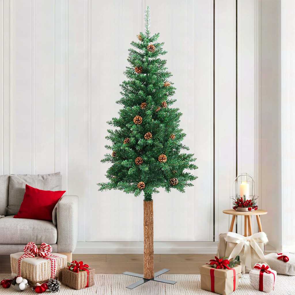 Smal plastgran med äkta trä och kottar grön 210 cm PVC