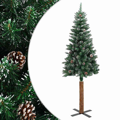 Smal plastgran med äkta trä och kottar vit snö grön 150 cm