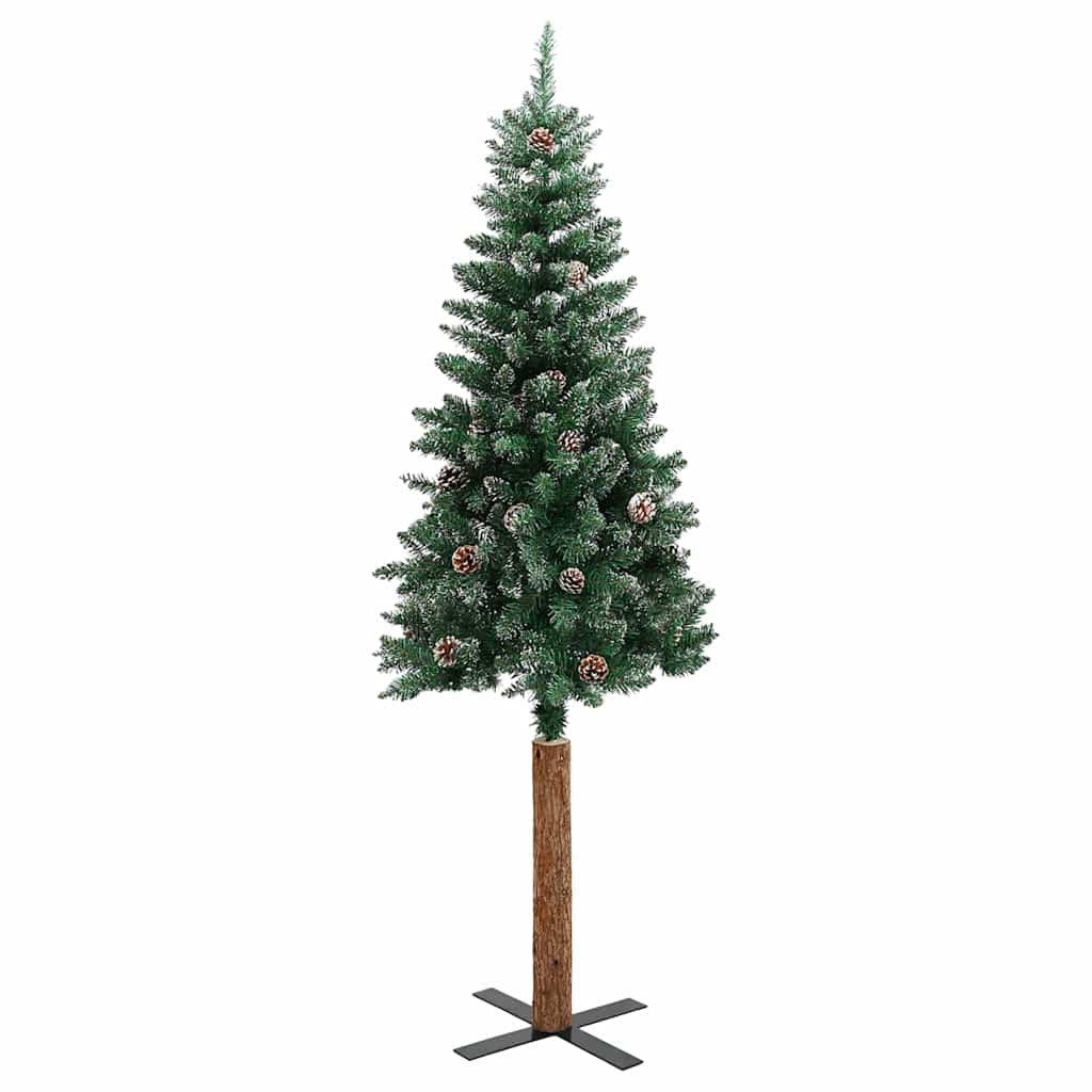 Smal plastgran med äkta trä och kottar vit snö grön 150 cm