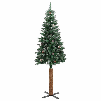 Smal plastgran med äkta trä och kottar vit snö grön 180 cm
