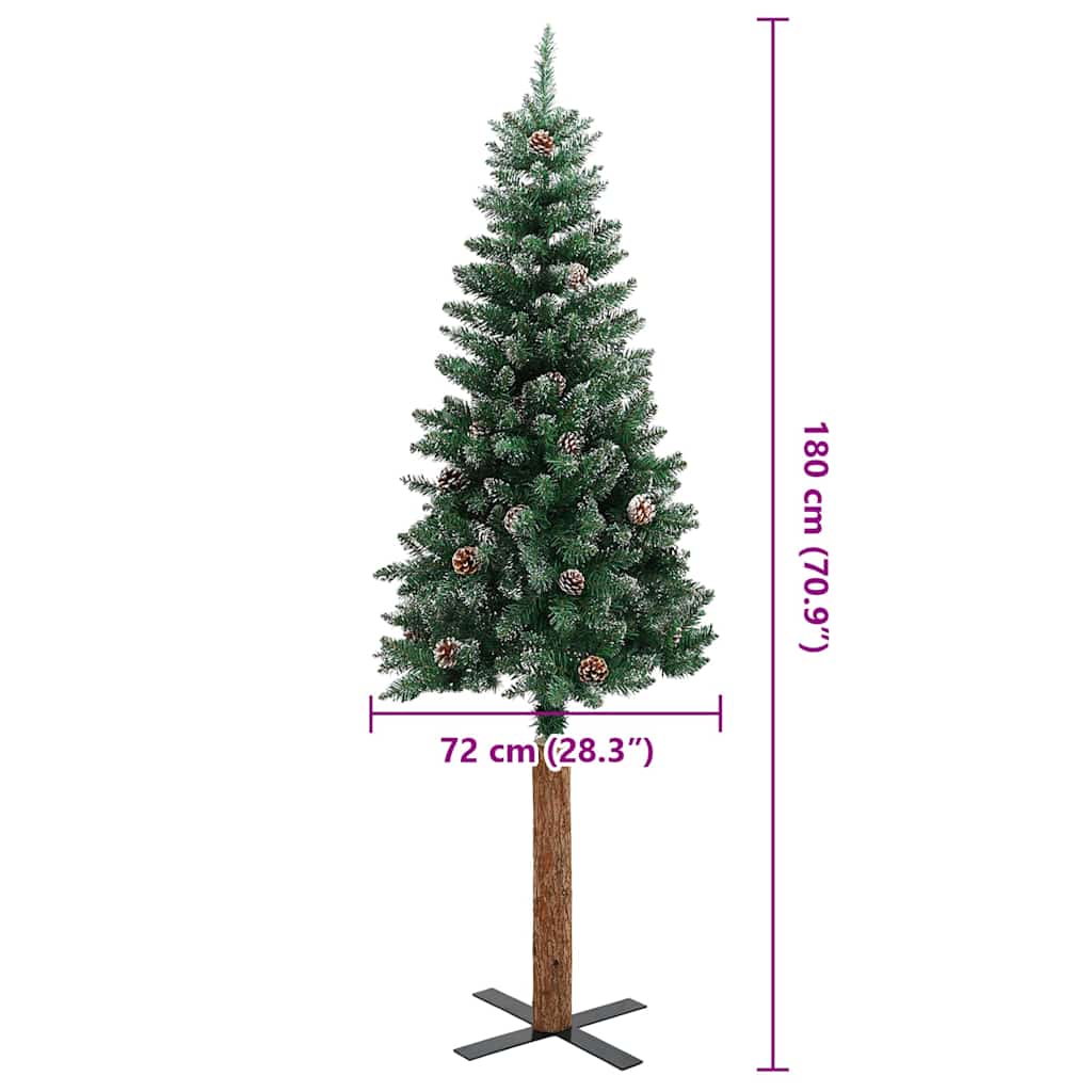 Smal plastgran med äkta trä och kottar vit snö grön 180 cm
