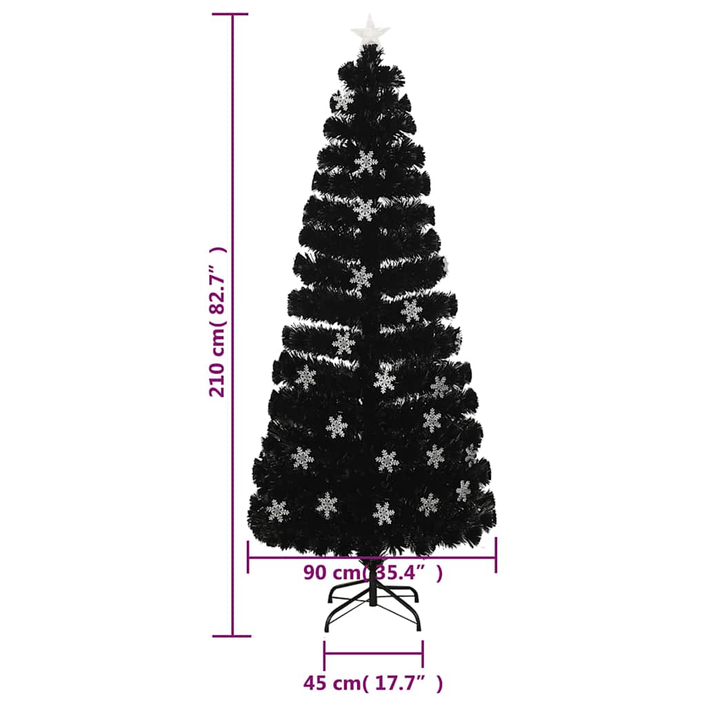 Julgran med LED-snöflingor svart 210 cm fiberoptik