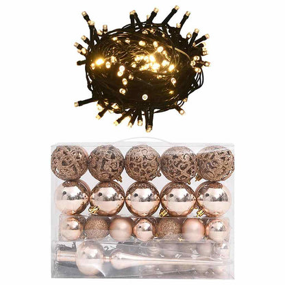 Julgranskulor med spira och 150 LED 60 delar roséguld