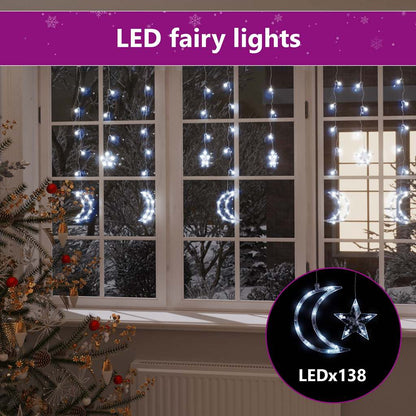 Ljusgardin stjärnor och månar fjärrkontroll 138 LED kallvit