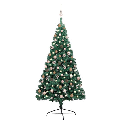 Belyst halv plastgran med kulor grön 180 cm