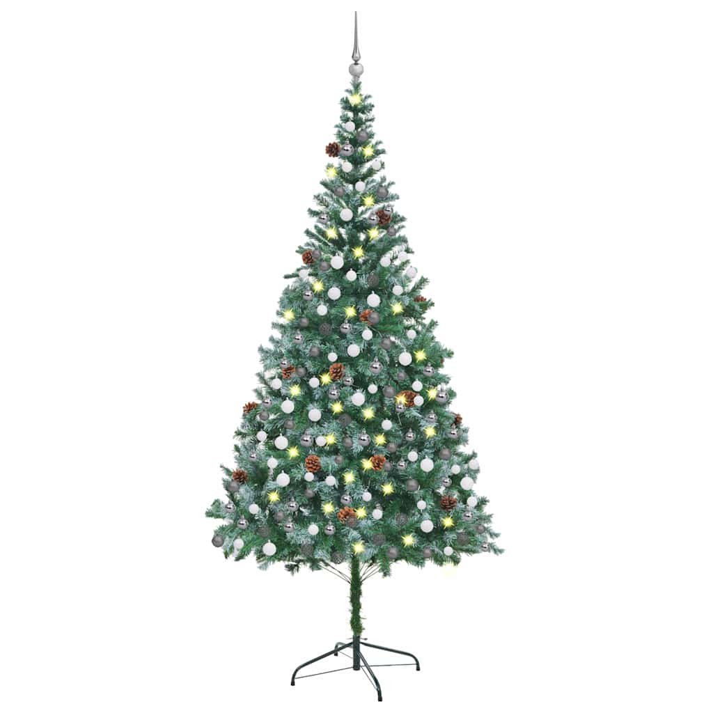 Belyst plastgran med kulor och kottar 210 cm