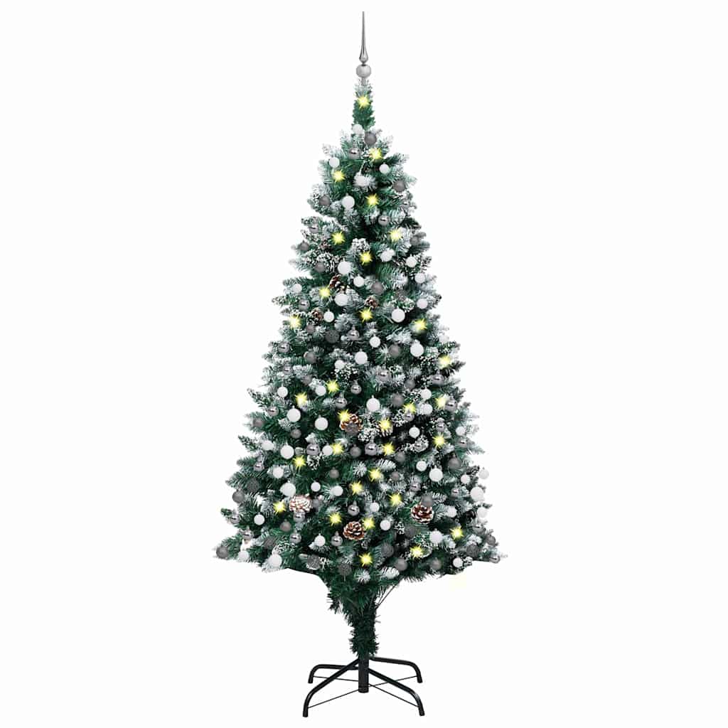 Konstgjord julgran med LED och bollset och kottar 210 cm