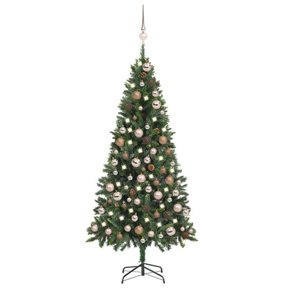 Belyst plastgran med kulor och kottar 180 cm