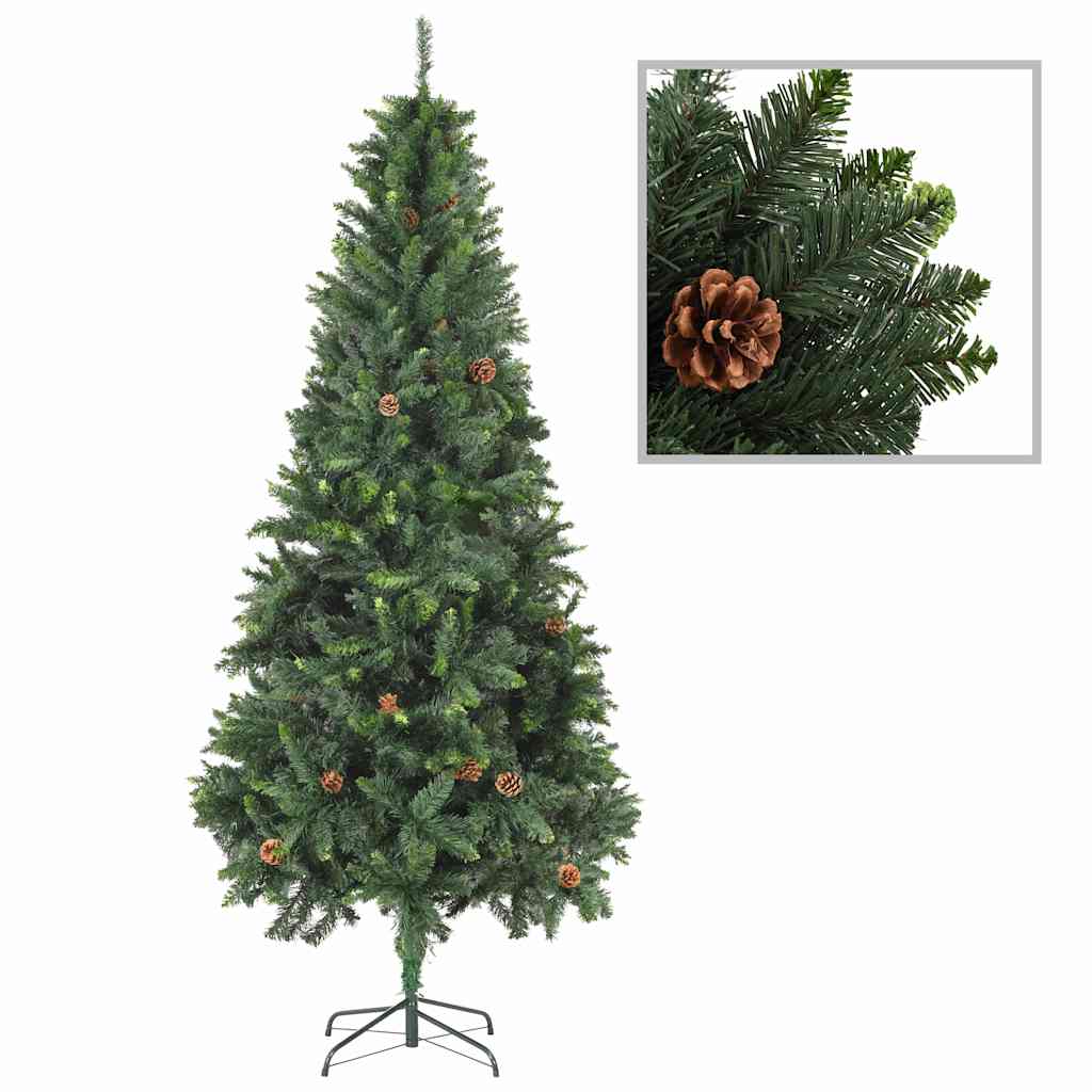 Belyst plastgran med kulor och kottar 210 cm