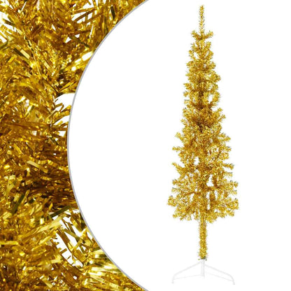 Smal halv plastgran med stativ guld 120 cm