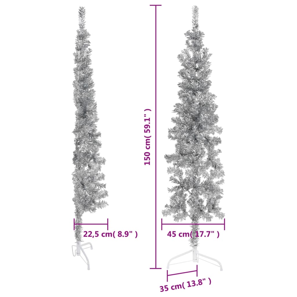 Smal halv konstgran med stativ silver 150 cm