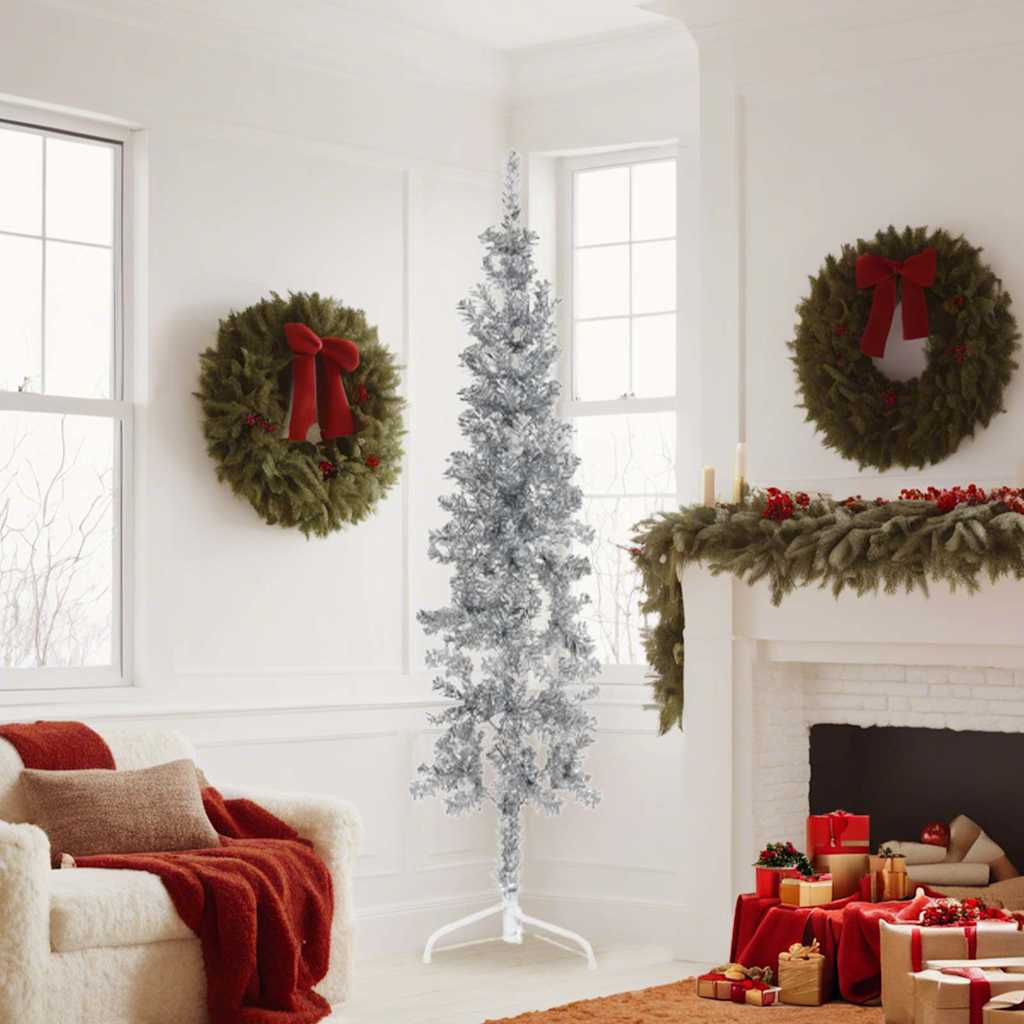 Smal halv plastgran med stativ silver 180 cm