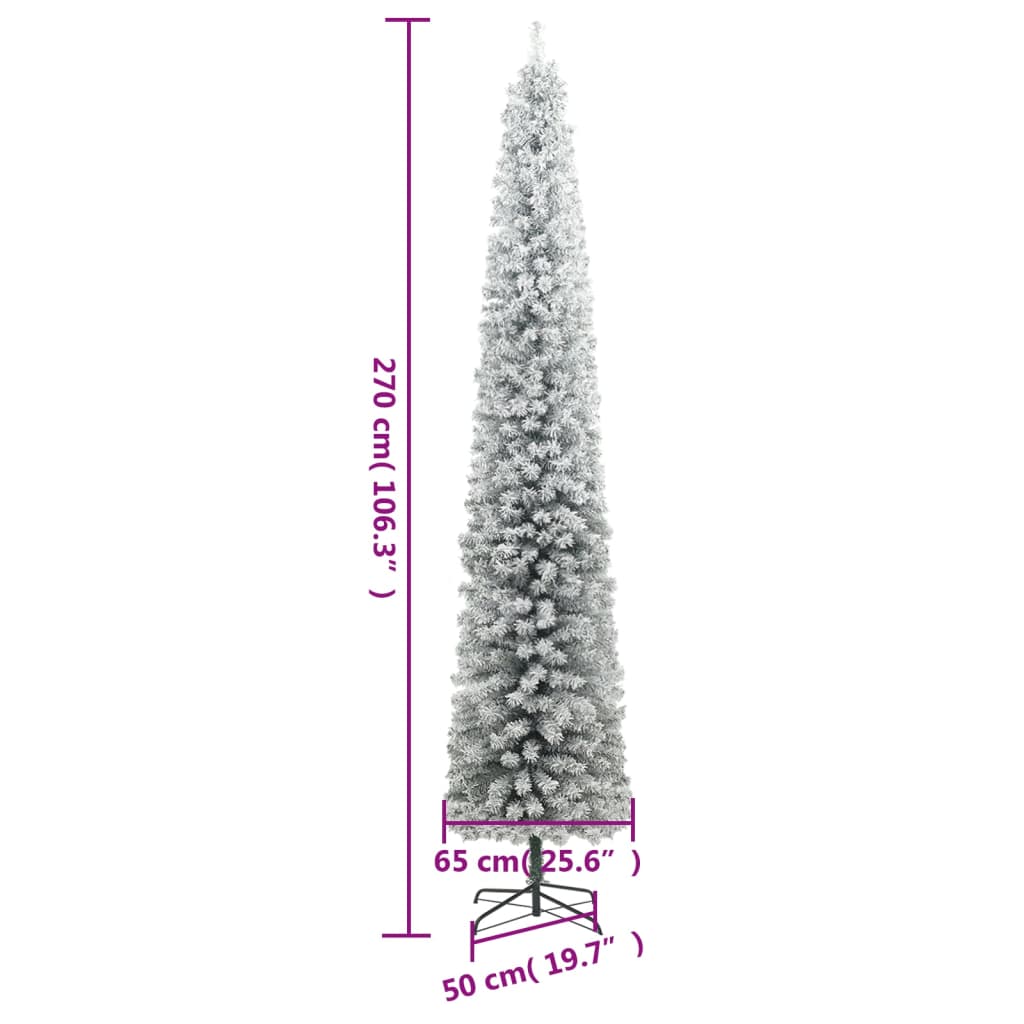 Smal julgran med stativ och snö 270 cm