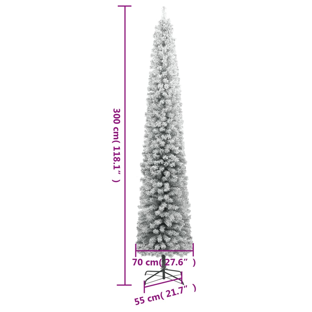 Smal julgran med stativ och snö 300 cm