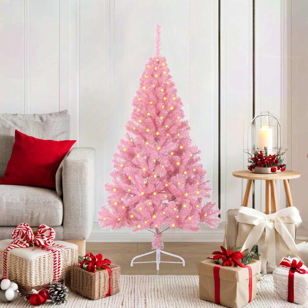 Konstgjord Förbelyst Julgran med 150 LED-lampor Rosa 120 cm PVC