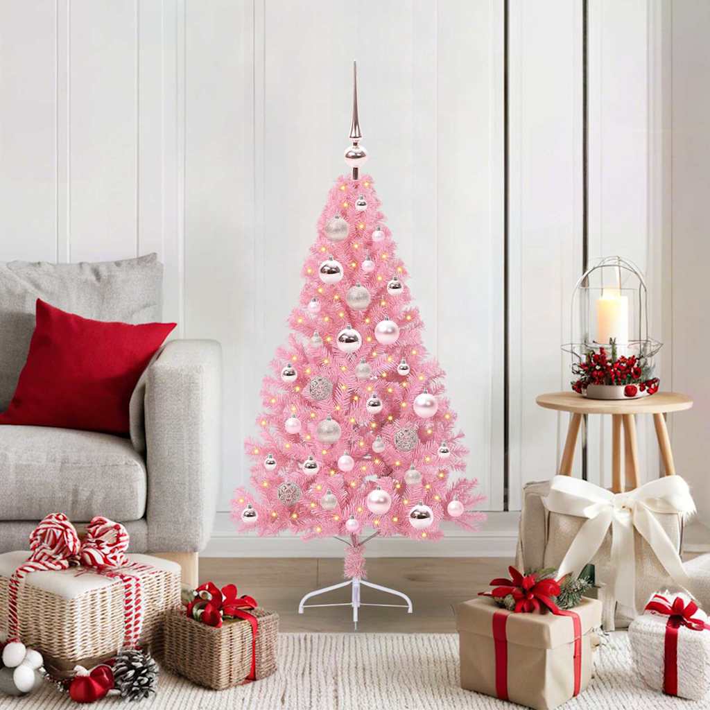 Konstgjord Förbelyst Julgran med 150 LED-lampor Rosa 120 cm PVC