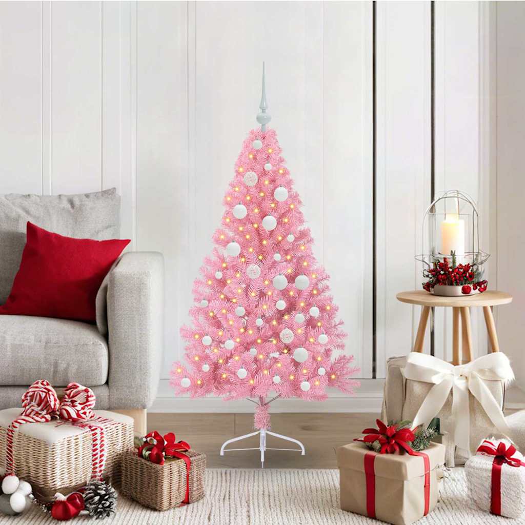 Konstgjord Förbelyst Julgran med 150 LED-lampor Rosa 120 cm PVC
