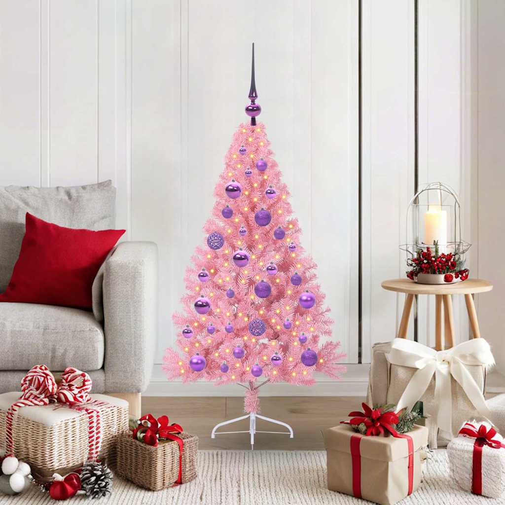 Konstgjord Förbelyst Julgran med 150 LED-lampor Rosa 120 cm PVC