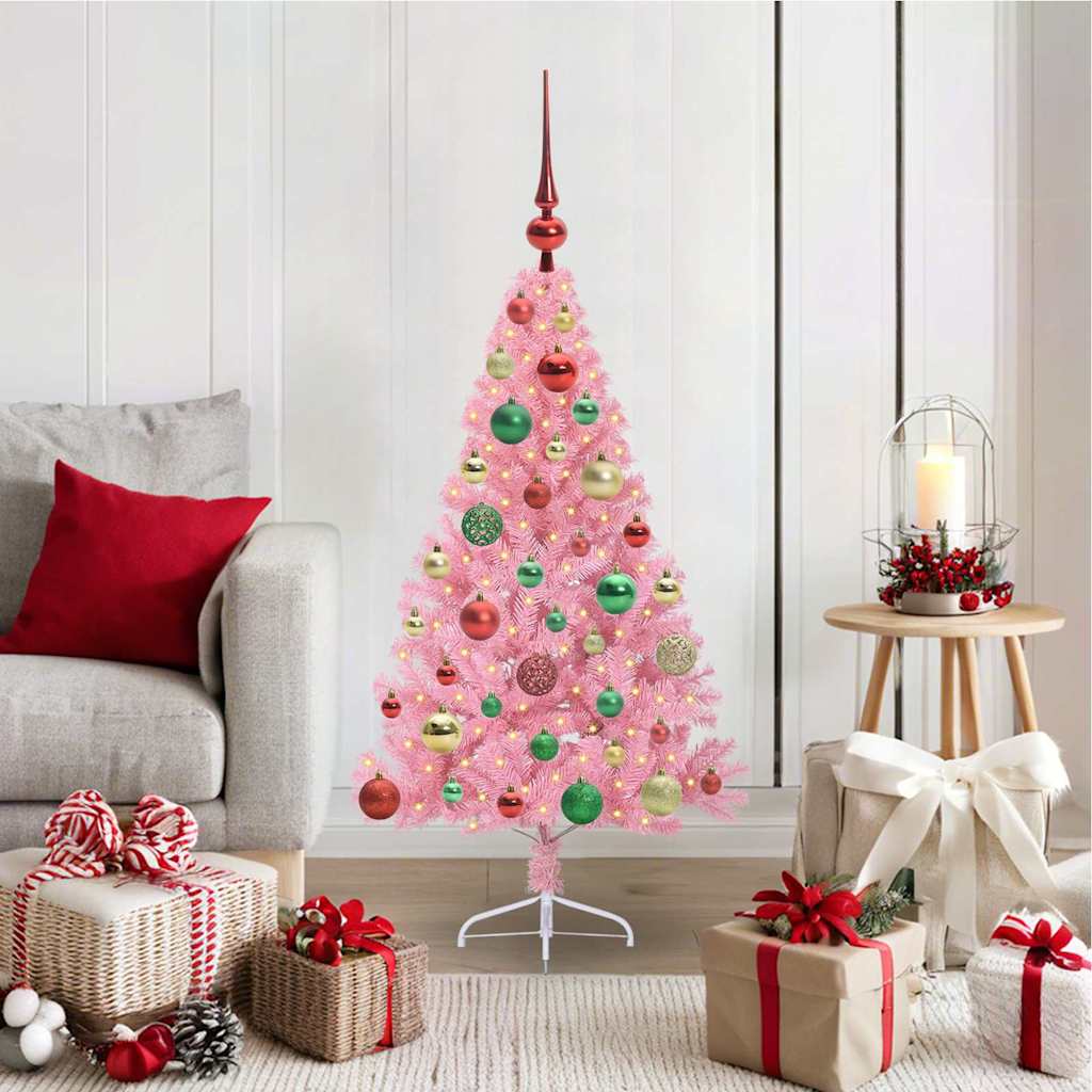 Konstgjord Förbelyst Julgran med 150 LED-lampor Rosa 120 cm PVC