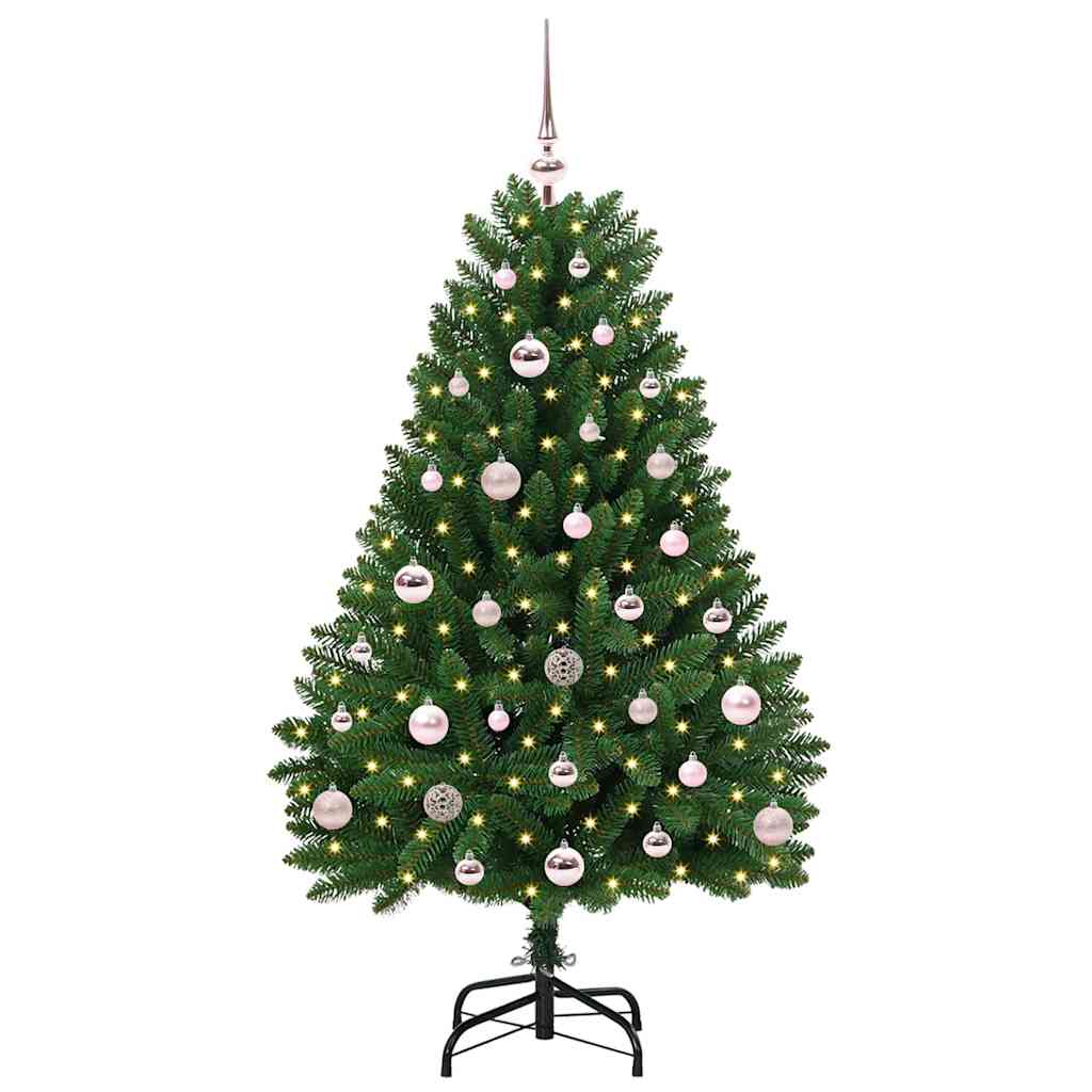 Konstgjord julgran med topp och julkulor 120 cm 150 LED-lampor