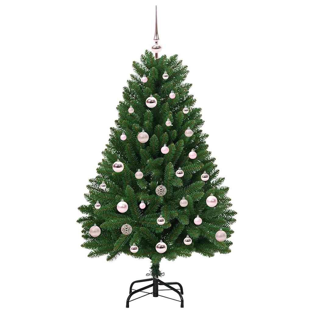 Konstgjord julgran med topp och julkulor 120 cm 150 LED-lampor