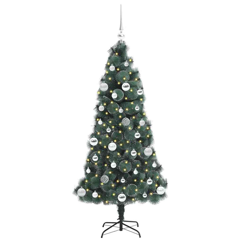 Kunstig förbelyst julgran med bollar Grön 150 cm PET