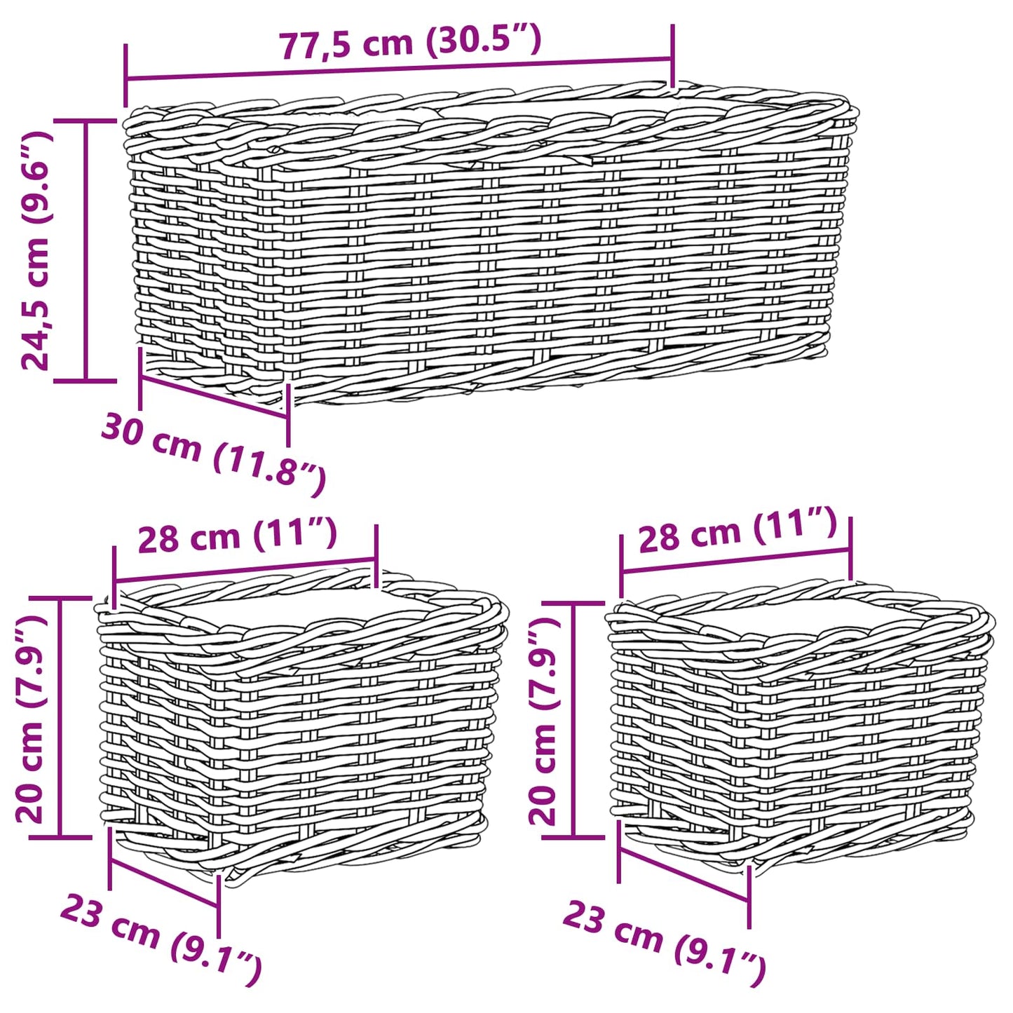 Planteringskorg med lagring 3 pcs Grå Kubu Rattan