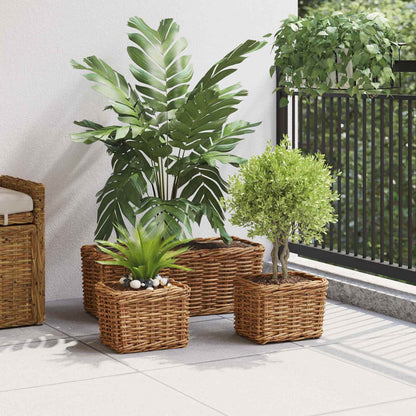 Planteringskorg med lagring 3 pcs Brun Kubu Rattan