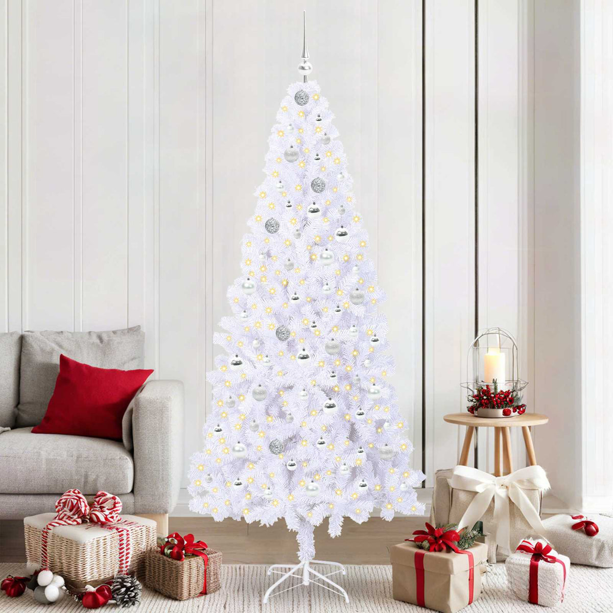 Konstgjord julgran med 300 LED-lampor Vit 210 cm PVC och stål